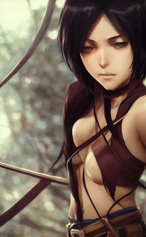 Image similar to mikasa ackerman, hero pose, medium shot, bokeh, beautiful face!!!!, 2 7 years old, cg animation, lifelike, animated, realistic, character select portrait, by artgerm, greg rutkowski, alphonse mucha, 3 d