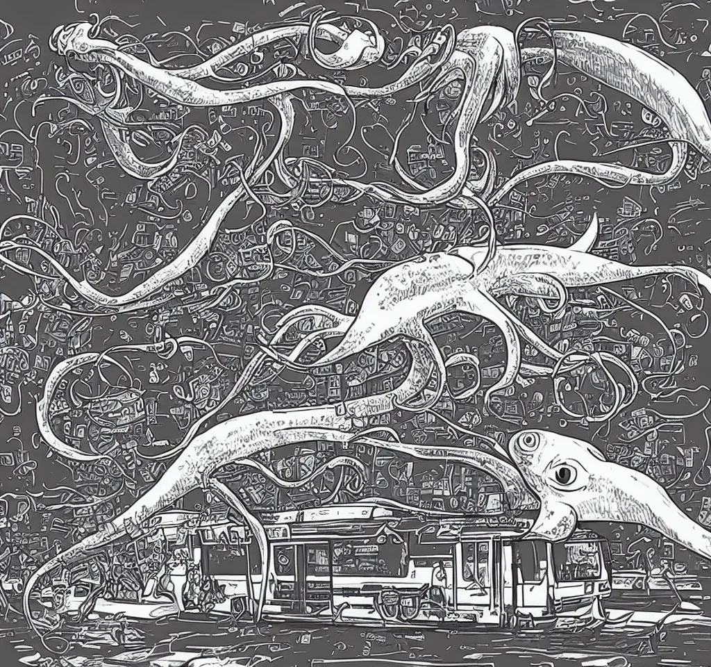 Image similar to a giant squid commuting to work on a suburban train, sponsored by burger squid king. the squid is drawing a technical diagram of a machine which will enslave humanity.