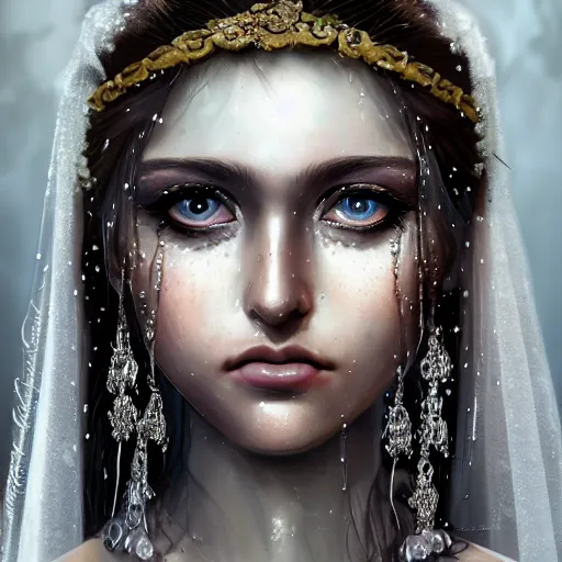 Prompt: ilyana vyulnika as a young wet bride in the dark, heavy makeup, crying eyes, tears, leaked mascara, lipgloss, portrait, closeup, cute freckles, gloss effects, and exaggerated proportions, intricate silver jewelry, after rain, digital art by julia razumova and mel milton, trending on artstation, 4 k high quality