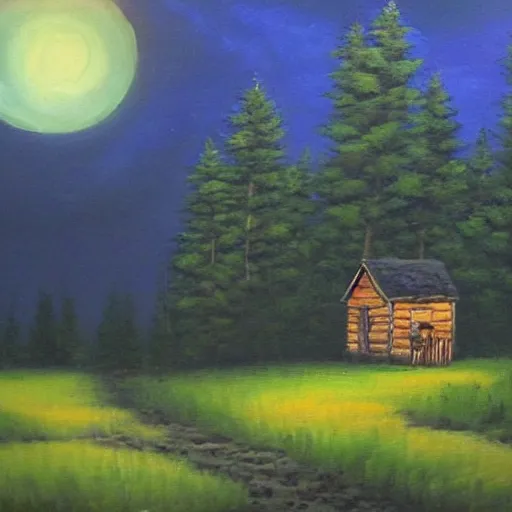 Prompt: peaceful forgotten cabin. masterpiece oil painting, dark, scary. endless tall trees in the background. the moon shines. hr gigor