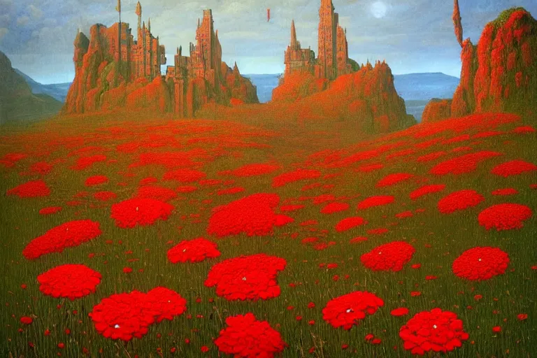 Image similar to only with red, red flowers of different types, a castle in the background, red orcs and trolls dance over the flowers, in the style of beksinski, part by hopper, part by rodcenko, part by hofbauer, intricate composition, red by caravaggio, insanely quality, highly detailed, masterpiece, red light, artstation, 8 k