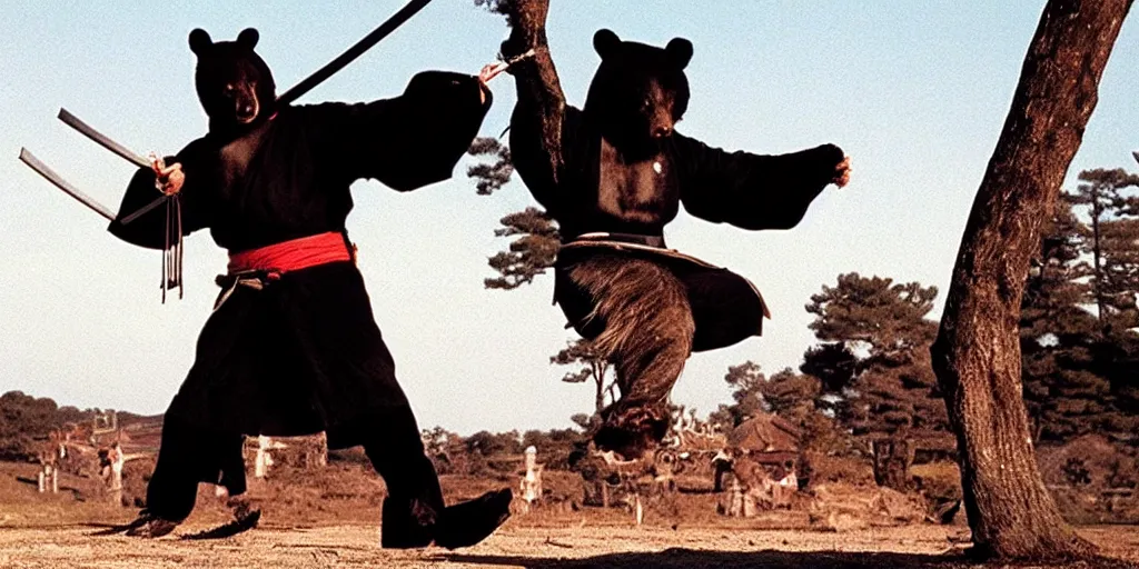 Image similar to scene from Shogun’s Shadow, 1989, movie still, cinematic, anthropomorphic, half man half asian black bear, black bear samurai, Moon Bear Samurai, epic, samurai