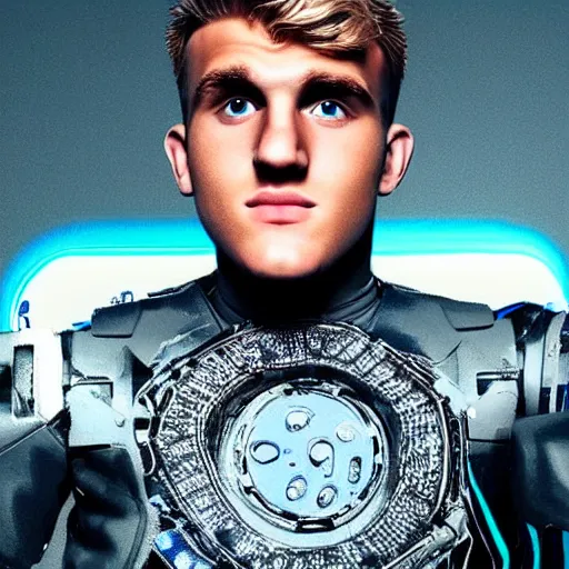 Prompt: a realistic detailed photo of boxer & youtuber jake paul with a mind control chip on his head, blank stare, shiny skin, becoming a mindless robot