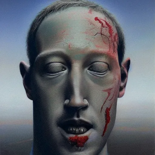 Prompt: zuckerberg as a zdzisław beksinski painting, godlike, surreal