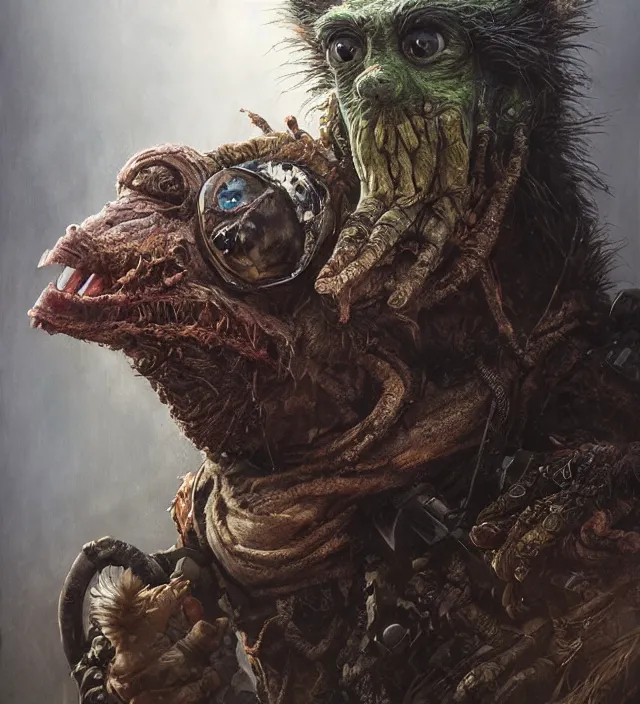 Image similar to hyper realistic portrait of postapocalyptic muppet monster goblin, cinematic, symmetric, dark crystal, artstation, cgsociety, alan lee, brian froud, jean baptiste monge, scott radke