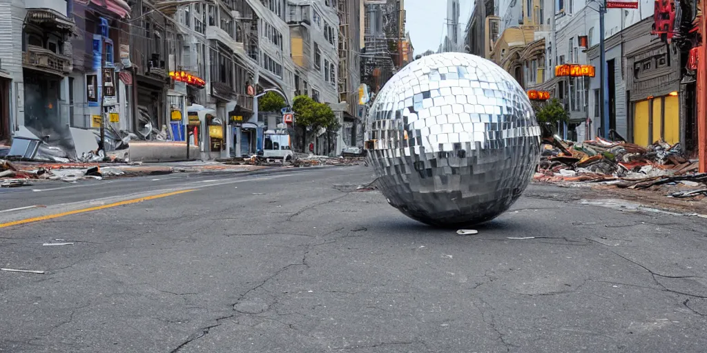 Prompt: giant disco ball rolling down the street of san francisco, destroyed houses, broken asphalt roads, highly detailed, 3d