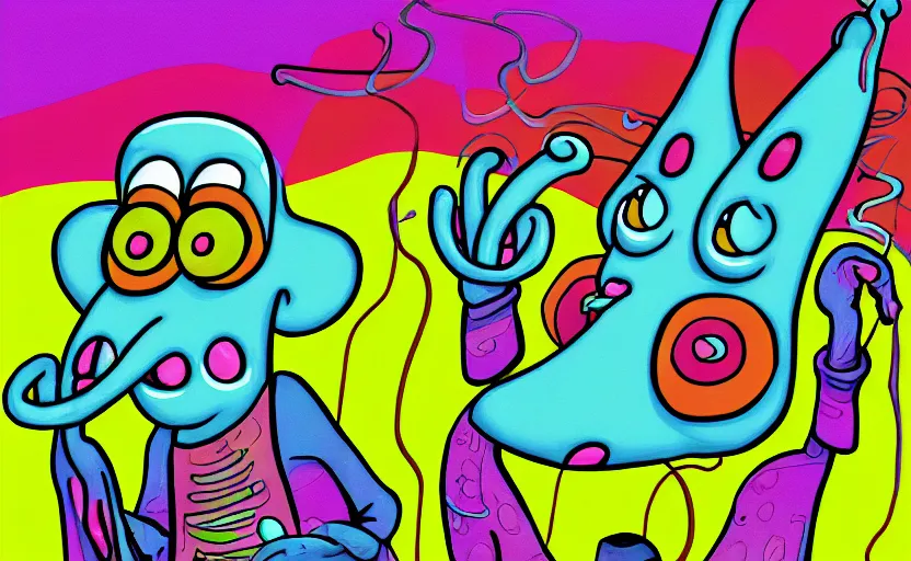 Prompt: squidward taking an acid trip, digital painting