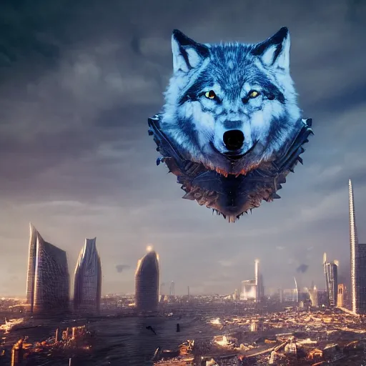 Image similar to of beksinki sky and city in future based on the shape of a wolves head epic cinematic lighting ultra detailed 8 k hi res