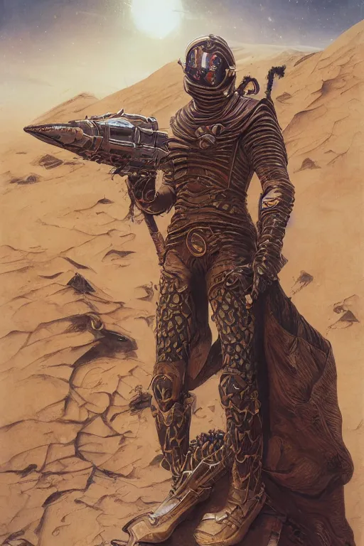 Image similar to dune themed brutal sardaukar warrior, desert breathing armor, graffiti, sketch by sachin teng, moebius, artgerm, michael cheval, esao andrews, francois boucher, masterpiece, intricate organic painting, matte painting, hard edges, highly detailed, cinematic lighting character art movie poster by drew struzan