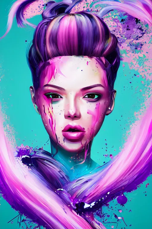 Image similar to a award winning half body portrait of a beautiful woman in a croptop and cargo pants with ombre purple pink teal hairstyle with head in motion and hair flying by artgerm, paint splashes, splatter, outrun, vaporware, shaded flat illustration, digital art, trending on artstation, highly detailed, fine detail, intricate