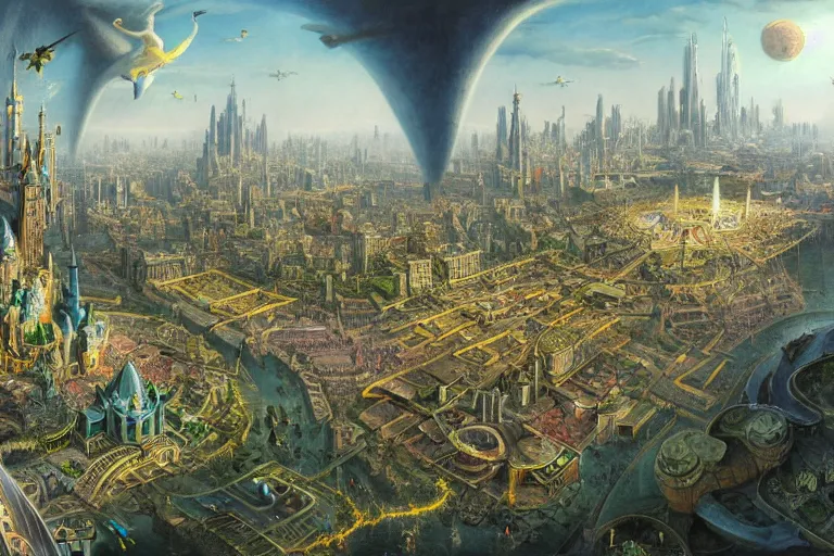 Prompt: a beautiful stunning insanely detailed matte painting of a magical mythical city buzzing with activity by Heironymous Bosch and Jim Burns