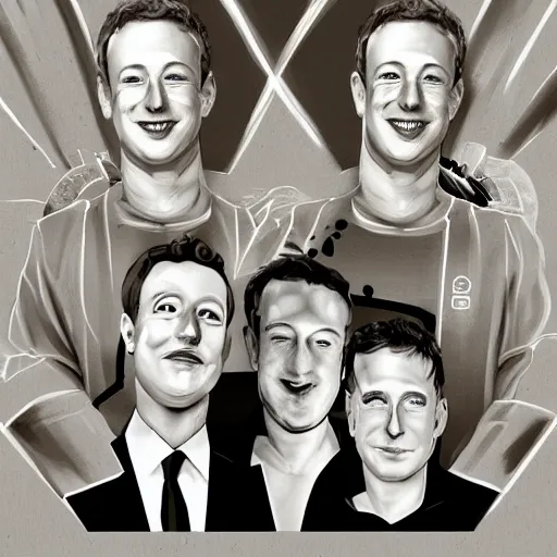 Image similar to portrait of elon musk, mark zuckerberg, jeff bezos, in meeting together, very detailed, art contest winner on behance, trendy on deviant art, by by artgem