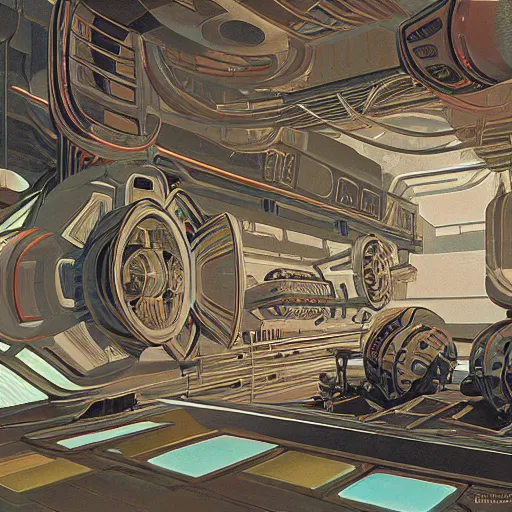 Image similar to painting of a syd mead scifi ancient civilzation interior engine room, floral ornaments