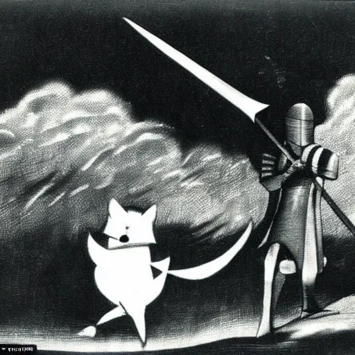 Image similar to anthropomorphic fox who is a medieval knight holding a sword towards a stormy thundercloud, 1930s film still