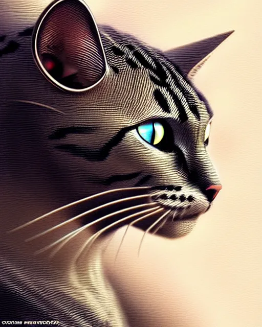 Image similar to A cyborg cat, highly detailed, intricate robotic and electronic patterns, sharp focus, art by Artgerm and Greg Rutkowski and WLOP