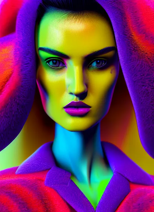 Image similar to stylish coat for a rave, bright colors, many details, prints, photo for a magazine, photo for a store, fashion photography, Vogue, 135 mm, cinematic, hyper realism, high detail, octane render, 8k, chrome accents, very coherent symmetrical artwork, perfect face model, full length photo, Upper and lower body