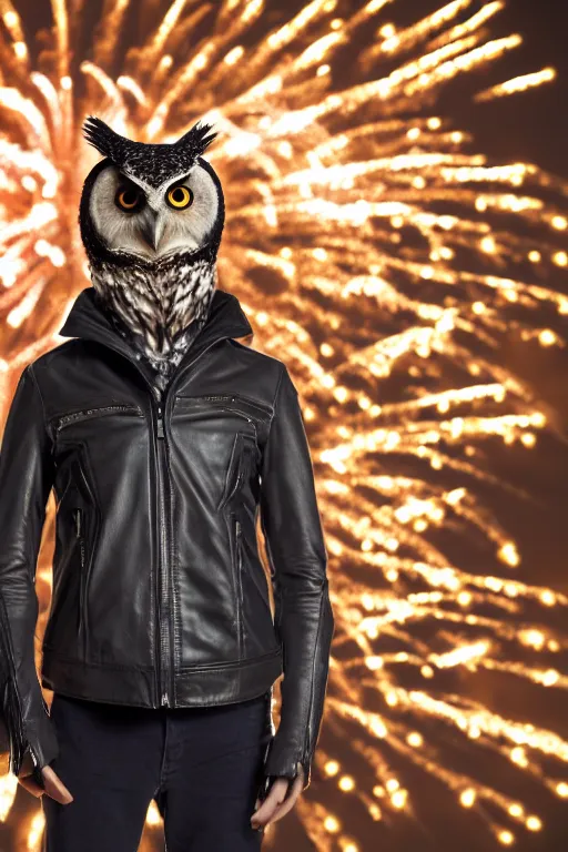 Prompt: front of owl wearing biker jacket, portrait photo, full body, backlit, studio photo, golden ratio, fireworks in background