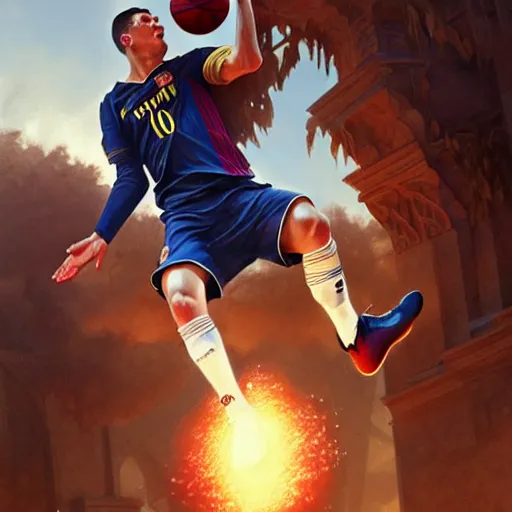 Image similar to Messi dunking on Ronaldo in basketball, D&D, fantasy, intricate, elegant, highly detailed, digital painting, artstation, concept art, matte, sharp focus, illustration, art by Artgerm and Greg Rutkowski and Alphonse Mucha