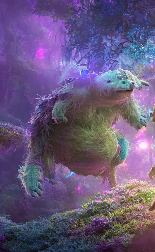 Image similar to microscopic tardigrades, magical forest, water bear, electric, concept art, intricate details, highly detailed, photorealistic, disney pixar, octane render, iridescent, anime, 8 k