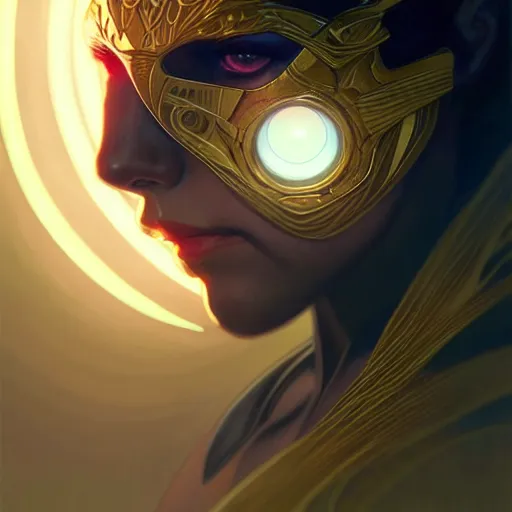 Image similar to superhero, sci fi, glowing eyes, volumetric lights, gold theme, art nouveau botanicals, intricate, highly detailed, digital painting, artstation, concept art, smooth, sharp focus, cinematic, illustration, beautiful face, art by artgerm and greg rutkowski and alphonse mucha