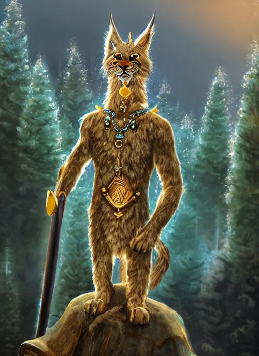 Image similar to anthropomorphic lynx holding a golden intricately decorated shiny scepter, night, spruce trees on the sides, mountains in the background, eerie dark atmosphere, moonlit, back light, in the style of fantasy movie, fantasy art, fantasy matte painting, trending on artstation