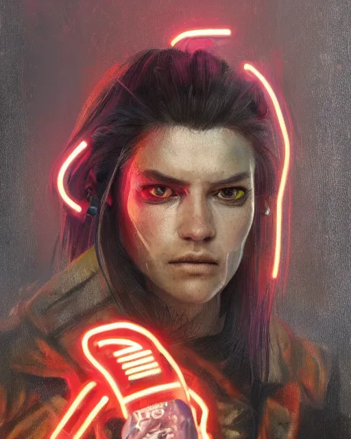 Prompt: '' Face portrait of a fighter with a neon lime leather coat with a scarred eye, long hair with a ponytail , sci-fy, cyberpunk, high detail, 4k , digital painting, artstation, concept art, sharp focus, illustration, art by greg rutkowski and alphonse mucha ''