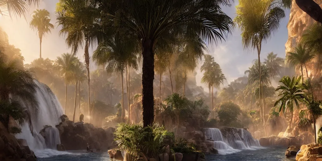 Image similar to beautiful oasis waterfalls surrounded by palm trees moroccan tile archways, date trees, ivory towers sunset peter morbacher ross tran angelarium greg rutkowski alchemy luxury heavenly light soft illumination, trending on artstation cinematic lighting digital painting octane render, artgerm