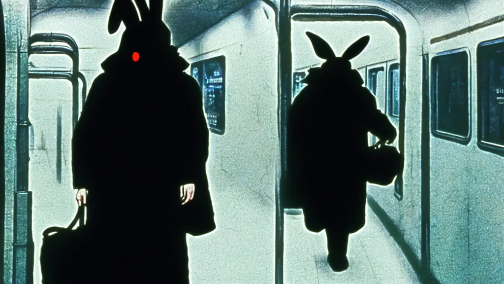 Image similar to a man in a trench coat wearing a black rabbit mask standing on the subway with a knife, film still from the an anime directed by Katsuhiro Otomo with art direction by Salvador Dalí, wide lens