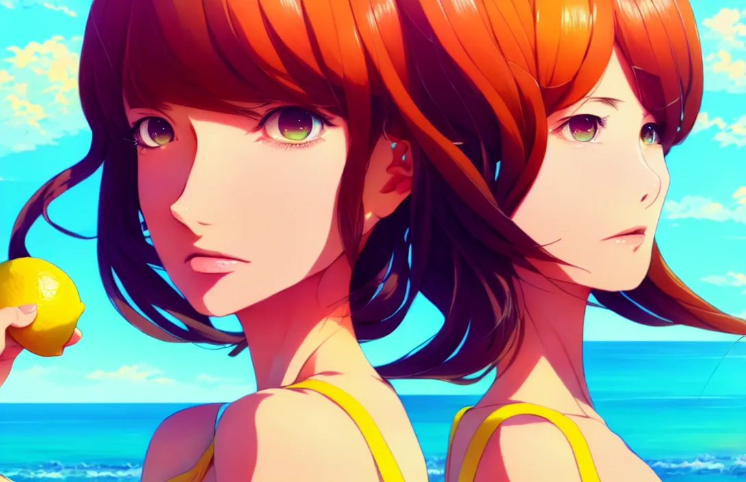 Image similar to ⁠portrait of a Lemon , Beach background, rich vivid colors, ambient lighting, dynamic lighting, 4k, HQ, official media, anime key visual, makoto shinkai, ilya kuvshinov, lois van baarle, rossdraws, detailed, trending on artstation