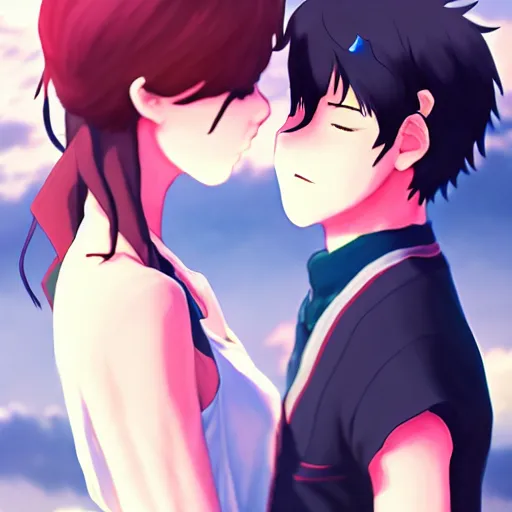 Prompt: kissing boy and girl when nightfall,hands shaked, anime, trending on artstation, pixiv, makoto shinkai, manga cover
