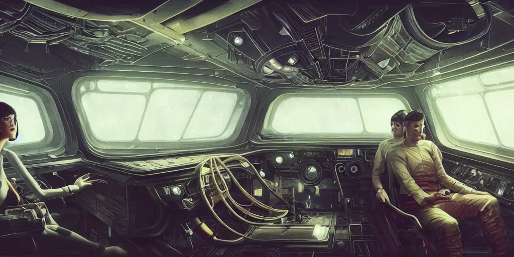 Image similar to highly detailed interior of a retro spaceship with large windows, stephen bliss, unreal engine, greg rutkowski, ilya kuvshinov, ross draws, hyung tae and frank frazetta, tom bagshaw, tom whalen, nicoletta ceccoli, mark ryden, earl norem, global illumination, god rays, detailed and intricate environment