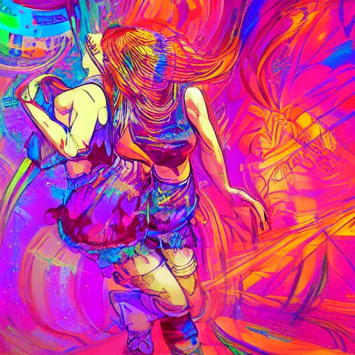 Prompt: girl dancing in a club, expressive digital art, psychedelic, lsd, by yoshitaka amano, by dan mumford, close - up portrait, trending on artstation, 4 k