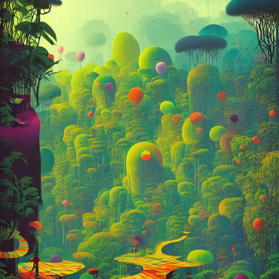 Prompt: surreal glimpse, malaysia jungle, sunny day, very coherent and colorful high contrast pastel art by gediminas pranckevicius james gilleard james gurney floralpunk screen printing woodblock, dark shadows, hard lighting, stippling dots, art nouveau