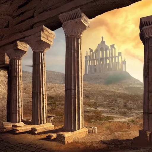 Image similar to Cinematic view of ancient fantasy walls with greek architecture surrounded by vast desert; fantasy art