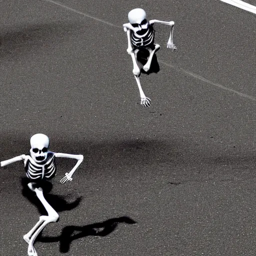 Prompt: A skeleton crossing the finish to win a marathon, award winning photograph, associated press photo, dynamic pose, 8k