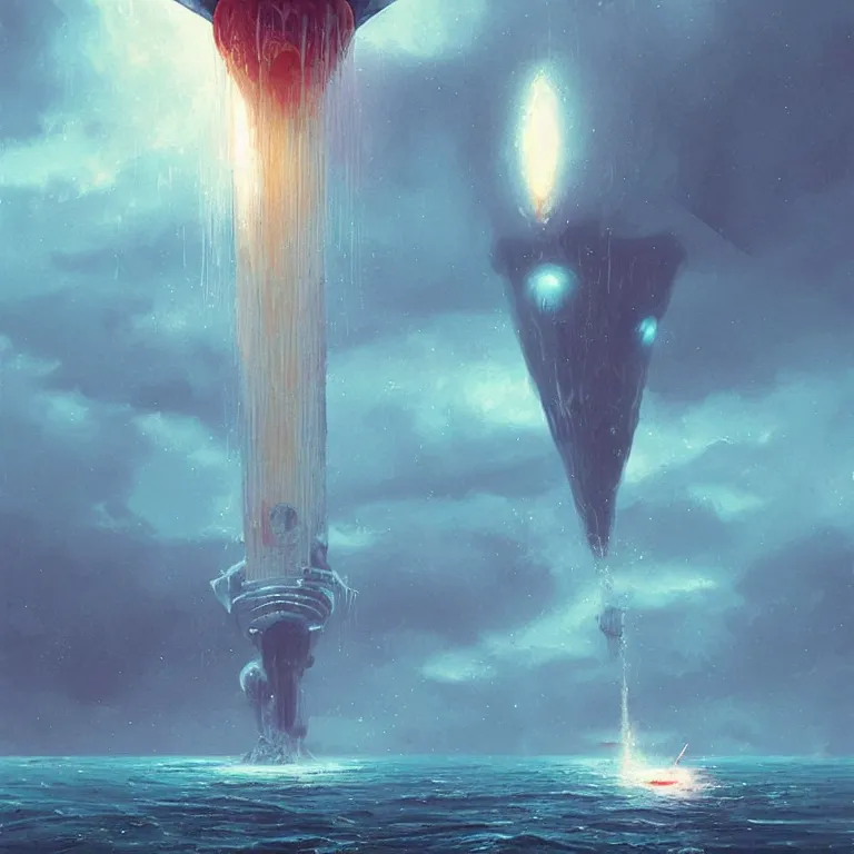 Prompt: gigantic mechanical spaceship called the nautilus dripping wet emerging from a the ocean, launching to space, big booster rocket engines, sci - fi concept art, by john harris, by simon stalenhag, stunning, award winning