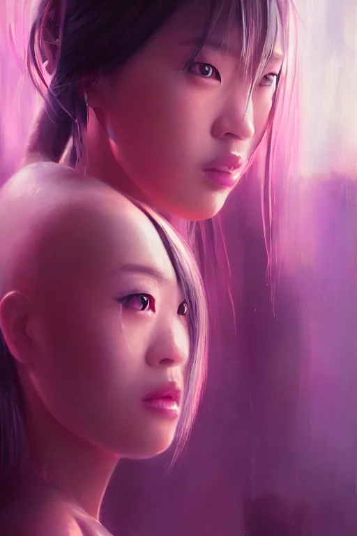 Image similar to stunning highly detailed portrait of a beautiful asian female cyberpunk, soft lighting, pastel neon colors, oil on canvas, strong lighting, by Mandy Jurgens, HD, 4K