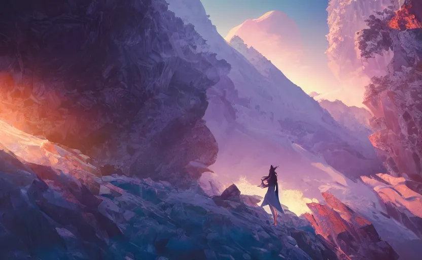 Prompt: Himalayan in a crystallized temple, beautiful flowing fabric, sunset, dramatic angle, dynamic pose, 8k hdr pixiv dslr photo by Makoto Shinkai ilya kuvshinov and Wojtek Fus