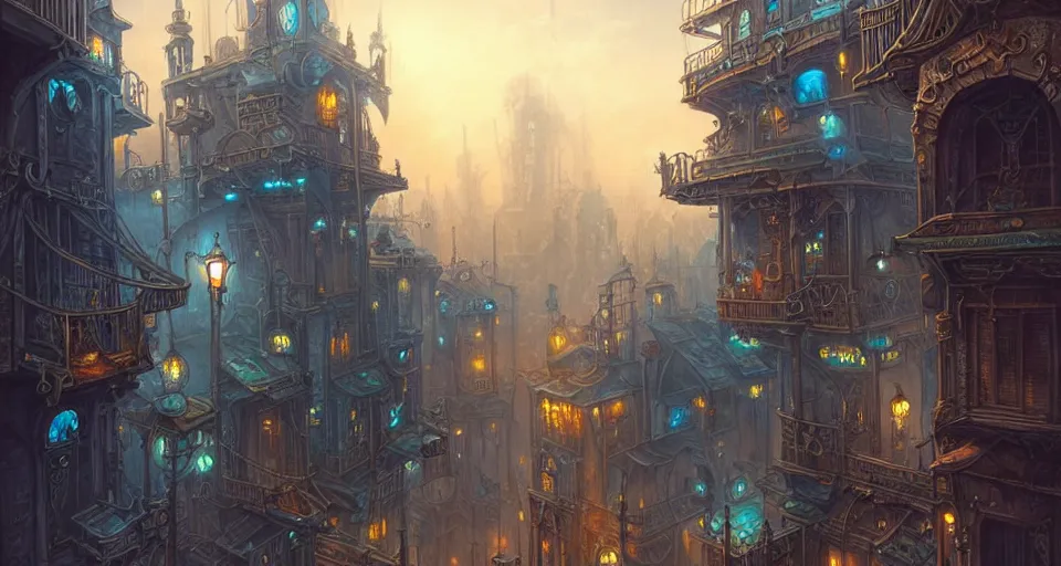 Image similar to landscape painting of fantasy metal steampunk city that has a light blue glow with walkways and lit windows with hooded thieves in leathers climbing the buildings using a rope, fine details, magali villeneuve, artgerm, rutkowski