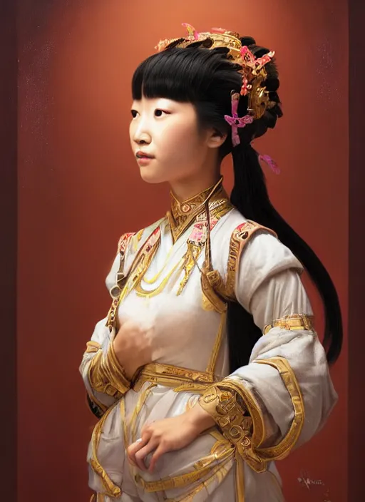 Image similar to beautiful portrait of a Asia minority female wearing fantastic costume,pigtail,intricate, elegant, highly detailed, dim volumetric lighting, 8k,octane,post-processing,digital painting, trending on artstation, concept art, smooth, sharp focus, illustration,by Tom Bagshaw and Daniel Gerhartz and Albert Aublet and Lawrence Alma-Tadema and alphonse mucha