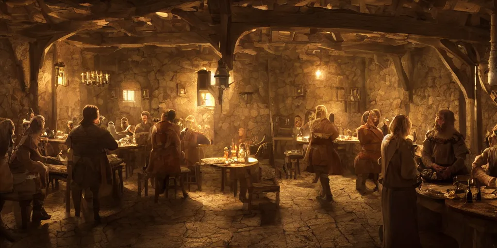 Prompt: an medieval tavern created movie directed by director Roy Andersson movie by artgem lau , WOP, Andrey Surnov, Jessica Rossier, cgsociety, 8k