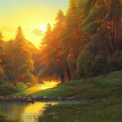 Prompt: a masterpiece detailed beautiful landscape of russian village, trees, lake, mountains, golden hour, sunset, by Makoto Shinkai and Ivan Shishkin