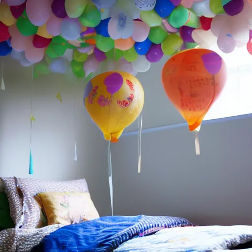 Image similar to japanese paper balloons hanging above a child's bed in their bedroom. dark room with light spilling in from the window