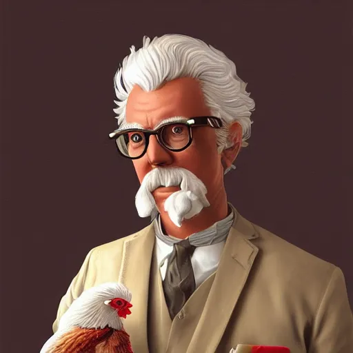 Image similar to closeup of Colonel Sanders getting married to a chicken, modern setting, intricate, elegant, highly detailed, digital painting, artstation, concept art, matte, sharp focus, illustration, hearthstone, art by Artgerm and Greg Rutkowski and Alphonse Mucha