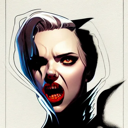 Image similar to rafael albuquerque comic art, peter mohrbacher, steve niles, phil noto, artgerm, pretty scarlett johansson vampire sharp vampire teeth open mouth, symmetrical eyes, black leather jacket, jeans, long blonde hair