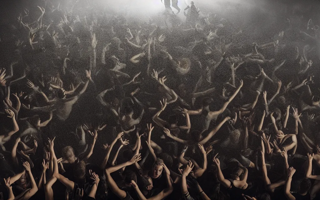 Image similar to photography of a techno party, people with bright eyes wearing black clothes dancing on a giant black wave, gregory crewdson, erwin olaf, epic composition, 4 k,