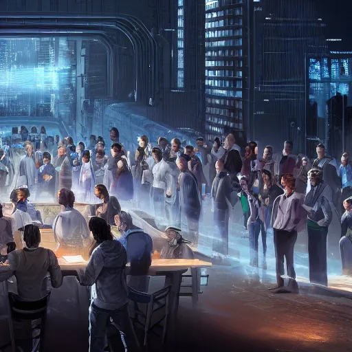 Image similar to large group people in a huge warehouse, gathered around a hologram of futuristic city on a table | cinematic concept art | godrays | 4 k | clear details | tabletop | tabletop