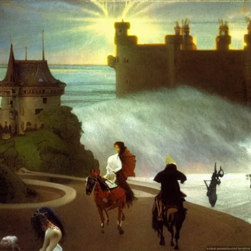 Image similar to Magician riding a horse leaving the castle through the bridge, thunderstorm, beach ocean on the background major arcana sky, by paul delaroche, alphonse mucha and arnold böcklin arnold böcklin hyperrealistic 8k, very detailed