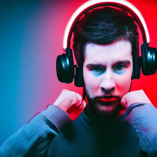 Prompt: a man, in red and blue spotlights, holds on to the headphones on his head, he wears dark visors, cyber songman, cyberpunk style portrait