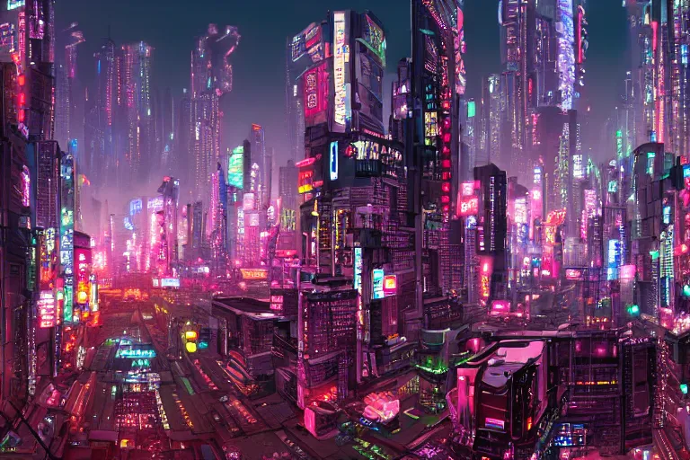 Prompt: stunning panorama of neo-tokyo, a futuristic cyberpunk city adorned with neon buildings and technology, cyberpunk art, trending on ArtStation